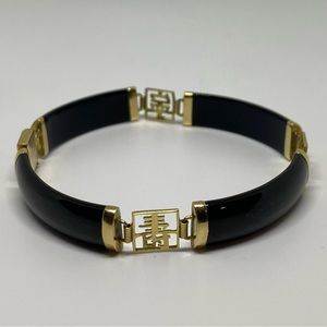14K Bracelet REAL Yellow Solid Gold  & Onyx Lucky 🍀 LInk Bangle New Size: 7”